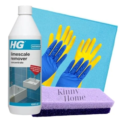 Image of KinnyHome Limescale Remover Bundle: Complete Bathroom Cleaning Solution with HG Concentrate, Lightweight &amp; Heavy Duty Gloves, Microfiber Cloth, and Dual Grit Pumice Bar for Stubborn Stains