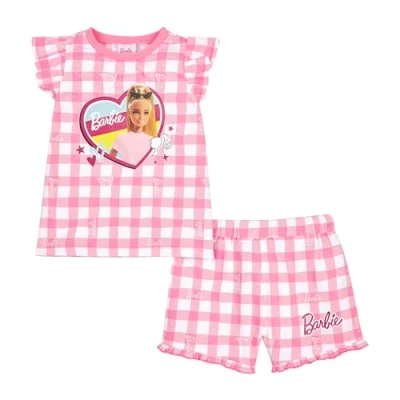Image of Barbie Girls Pyjamas, Short Frilled Doll Pjs, Chequered Print Pj Set, Gifts For Young (UK, Age, 4 Years, 5 Regular, Pink/White)