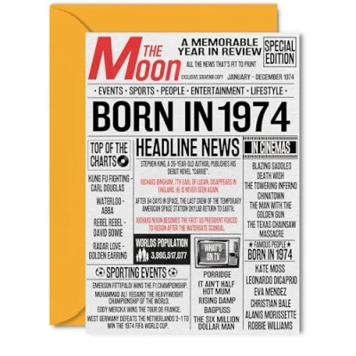 Image of 50th Birthday Cards for Women Men Born In 1974 Newspaper Happy 50 Card Dad Mum Aunt Uncle Vintage Retro Back 1974, 5x7 Inch Fifty Fiftieth Bday Greeting