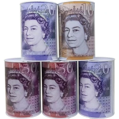 Image of Pound Note Money Coin Jar £5 £10 £20 £50 Notes Piggy Bank Tin Saving Cash Bank, Tin, Savings Box (£10)