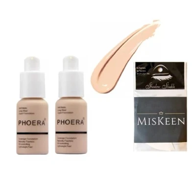 Image of Phoera® Full Coverage Foundation Soft Matte Oil Control Concealer 30ml Flawless Cream Smooth Long Lasting + 1 Pair Eyeshadow Shields Miskeen (2 PCS SET) (F102 Nude 3pcs