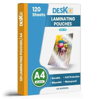 Image of Deskit Laminating Pouches A4, Glossy, 120 Sheets, 100 Microns Clear and Durable Presentations Flexible Rigidity for Everyday Use