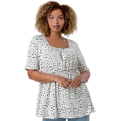 Image of Roman Curve Womens Spot Print Gathered Top Ivory Denim Size UK 30 32