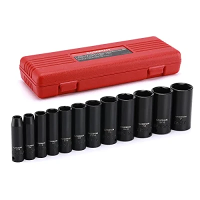 Image of CASOMAN 12 Pieces 3/8 Inch Drive Impact Socket Set, 6 Point, SAE, Deep, CR V, 5/16&quot; to 1&quot;, Heavy Duty Blow Molded Storage Case