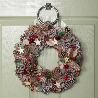 Image of 36cm Frosted Hanging Christmas Wreath with Red Jingle Bells &amp; Wooden Stars