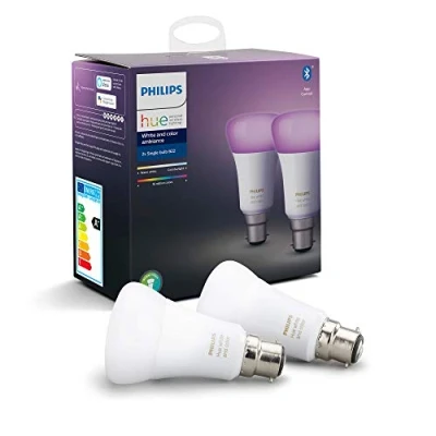 Image of Philips Hue White and Colour Ambiance LED Smart Light Bulb 2 Pack [B22 Bayonet Cap] 60W Equivalent, with Bluetooth, Works Alexa, Google Assistant Apple Homekit.