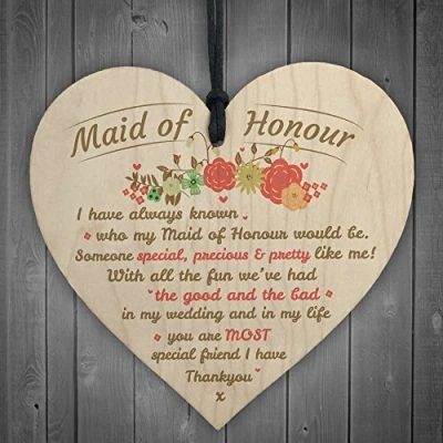 Image of RED OCEAN Thankyou Maid Of Honour Wooden Heart Plaque Wedding Keepsake Bestfriend Bridesmaid Gift
