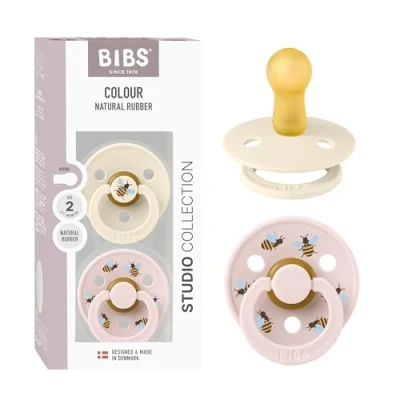 Image of BIBS Colour Studio Soother 2 Pack, BPA Free Dummy Pacifier, Round Nipple. Natural Rubber Latex, Made in Denmark, Size (6 18 Months), Ivory/Petal