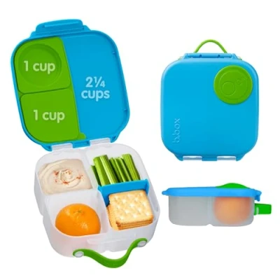 Image of b.box Mini Lunchbox Bento Box with 3 Compartments (2 Leakproof) Ideal for Toddlers, Kids Lunch &amp; Snacks Fits Whole Piece of Fruit BPA Free Ocean Breeze