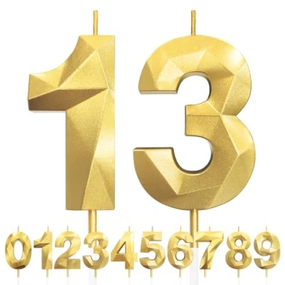 Image of 13th Birthday Candles, Number 13 Candle, Gold Candles for Cake, Diamond 3D Happy Cake Candle Decorations Party Wedding Anniversary Celebration Supplies