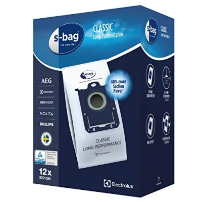 Image of Electrolux E201SM S Bag Vacuum Cleaner Dust Bags/Classic, for Extended Use, High Suction Performance (60% More Power), Optimal Filtration, Hygienic Seal/White (Mega Pack of 12)