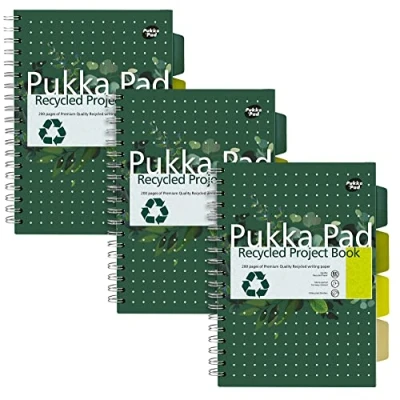 Image of Pukka Pad, Recycled Double Spiral Bound B5 Project Book with 4 Dividers 80GSM FSC Paper Perforated and Hole Punched Margins Recycle Alongside Other Household Items Pack of 3
