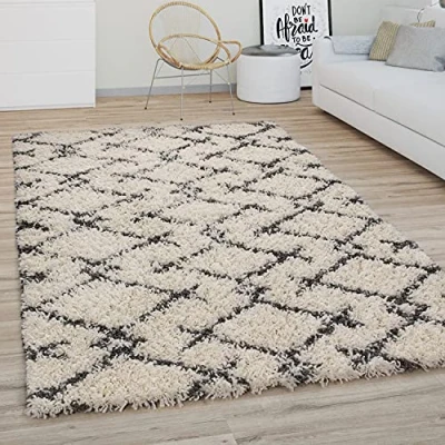 Image of Shaggy Large Rug High Pile Long Modern Boho Scandi Diamond Pattern, Size:120x170 cm, Colour:Cream Anthracite 3