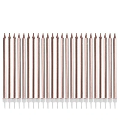 Image of Metallic Happy Birthday Candles Tall Cake Holders Long Thin Cupcake Topper for Wedding Party Decoration (24pcs Rose Gold)