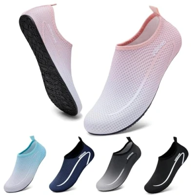 Image of Swim Water Shoes Aqua Socks Barefoot for Sea Beach Swimming Pool Ladies Women Mens Line Pink 9/10 UK