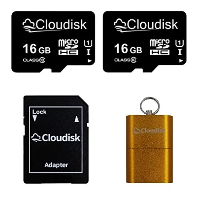 Image of Cloudisk Pack of 2 Micro SD Card 16GB Flash Memory SDHC with Adapter, C10, A1, U1, UHS I