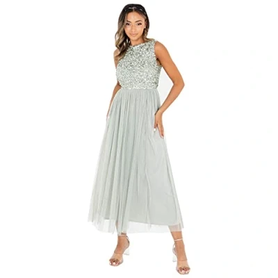 Image of Maya Deluxe Women&#039;s Midaxi Dress Ladies Sleeveless Sequins High Empire Waist Tulle Embellished for Wedding Guest Ball Bridesmaid, Green Lily, 16
