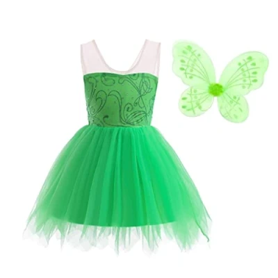 Image of Lito Angels Tinkerbell Fancy Dress Up Costume Green Fairy Outfits with Butterfly Wings for Kids Girls Age 8 9 Years