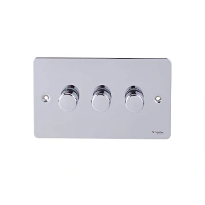 Image of Schneider Electric Ultimate Flat Plate 3 Gang 2 Way Dimmer Light Switch, Main and Low Voltage, 250W/VA, GU6232CPC, Polished Chrome