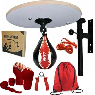 Image of Speed Ball Platform Boxing PU Leather MMA Muay Thai Training Punching Dodge Striking Bag Kit Hanging Swivel, Hand Wraps Workout Speedball Kicking (Red/Black)