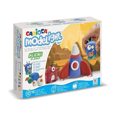 Image of Carioca Modelight Maxi Aliens Ultra Light Modelling Clay for Kids, Play Dough Box of Soft and Elastic Air Dry 5+ Years, 12 Assorted Colours, Tools Tutorials Included, 180 g