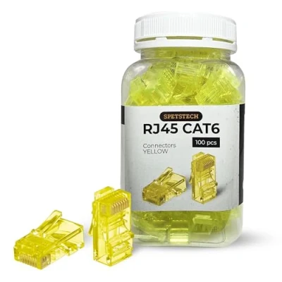 Image of Spetstech RJ45 Connectors 100 Pack Cat 6 PASS Through (Cat Ends / Cat6 Plugs Modular Plugs/Ethernet Connectors) for Solid or Stranded UTP Ethernet Cables (100, Yellow)