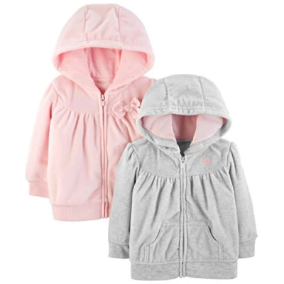 Image of Simple Joys by Carter&#039;s Baby Girls&#039; 2 Pack Fleece Full Zip Hoodies Hooded Sweatshirt, Light Grey/Pink, 0 Months (Pack of 2)