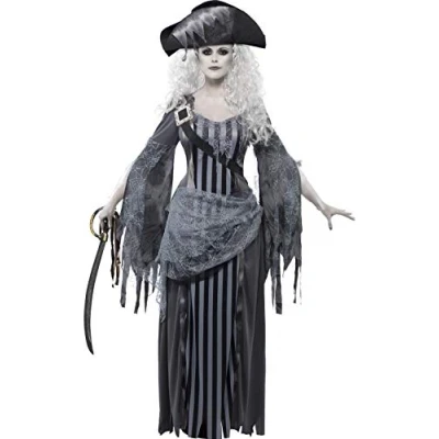 Image of Smiffys Deluxe Ghost Ship Princess Costume, Grey with Dress and Hat, Halloween Adult Fancy Dress, Up Costumes