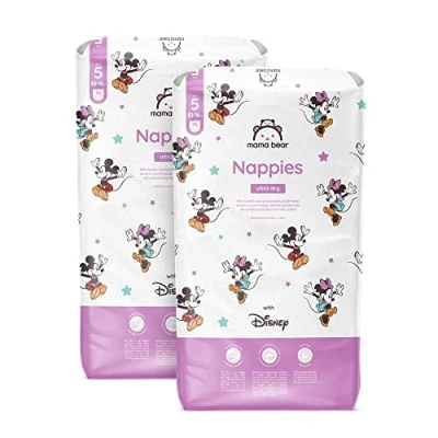Image of Amazon Brand Mama Bear Disney Ultra Dry Nappies, Size 5 (10 16 kg), 152 Count (2 Packs of 76), White, Monthly Pack
