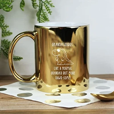 Image of eBuyGB Grandasaurus Mug, Grandad Dinosaur Engraved Shiny Metallic Gold Coffee Mug Tea Cup, Father&#039;s Day Gift for Granddad, Grandpa, Birthday Gift, Funny Present