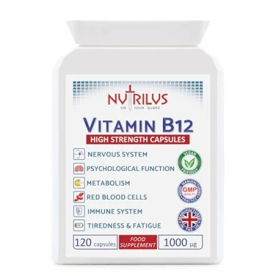 Image of Vitamin B12 120 High Strength Capsules 1000µg One Daily not Tablets Bioavailability Methylcobalamin Vegan Supplement UK