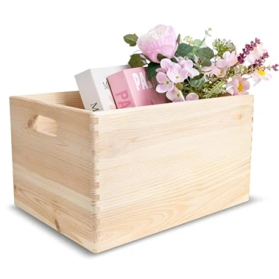 Image of Creative Deco XXL Wooden Crate with Handles 40 x 30 24 cm (+/ 1 cm) Plain Unpainted Storage Box Natural Wood Easter Gift Crates for Kitchen Home Documents