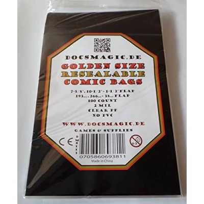 Image of docsmagic.de 100 Resealable Golden Size Comic Book Bags 7 5/8&quot;x 10 1/2&quot;+ 1 1/2&quot;Flap 2 Mil
