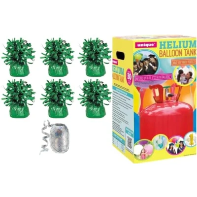 Image of Small helium balloon Canister with 6 Green weights and 10m Ribbon fills upto 30 x 9 inch latex balloons