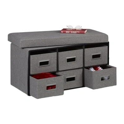 Image of Relaxdays Storage Bench, with 6 Drawers, Seat Cushion, HxWxD: 39 x 75.5 37 cm, Hallway, Bedroom, Foldable Chest, Grey, Polyester