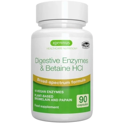 Image of Advanced Digestive Enzymes with Betaine HCl &amp; Plant Based Bromelain, 10 Vegan Including Papain Lipase, Hydrochloride, Clean Label Supplement, 90 Capsules, by Igennus