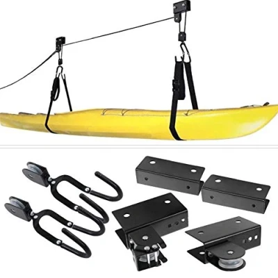 Image of Kayak Ceiling Hoist, &amp; Canoe Garage Storage Hoist Lift with Durable Rope, Overhead Hanging Pulley Rack Hooks for Paddle Board,Snow Board, Surfboard, Canoe, Bike 125lb Capacity