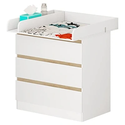 Image of WOLTU Baby Changing Unit with 3 Drawers, Table Cabinet Station, Infant Diaper Changer, Chest of Drawers Dresser for Bedroom Nursery, MDF+Chipboard, white+oak, WT009ws