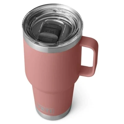 Image of YETI Rambler Travel Mug, Stainless Steel Vacuum Insulated Mug with Stronghold Lid, Sandstone Pink, 30 oz (887 ml)