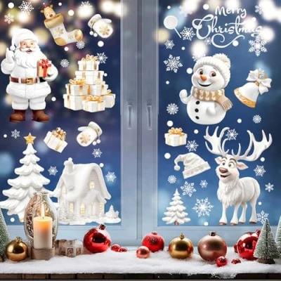 Image of Christmas Window Stickers, 9 Sheets Double Sides Xmas Clings Snowflake Stickers Reusable Merry Decals for Party Decorations