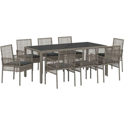 Image of vidaXL 9 Piece Garden Dining Set with Cushions Grey Poly Rattan