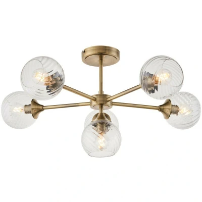 Image of Allegra 6 Light Multi Arm Glass Shade Semi Flush Ceiling Lamp Antique Brass