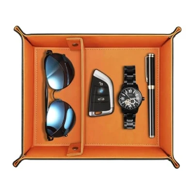 Image of SITHON Valet Tray Desktop Storage Organiser Catchall Bedside Vanity Nightstand Caddy Holder with Removable Dividers, Store Keys, Wallet, Phone, Glasses, Coin, Jewelry, (Black/Orange)