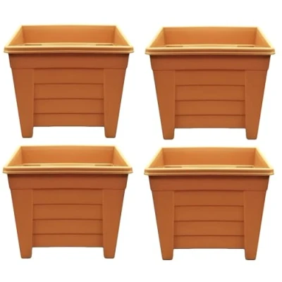 Image of Optimal Products Long Trough/Oval/Square Plant Pot Plastic Planter Indoor Home Outdoor Garden Window Herb Flower Box (4, 38cm Square Terracotta)