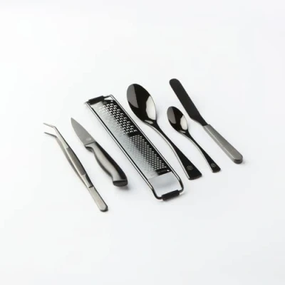 Image of Chef Frank Haasnoot Plating Kit Utensil Set Deluxe Black 6 pcs of Professional Tools Packed in a case Culinary Garnish Tweezers &amp; Quenelle Spoons Food Styling Pastry Cooking