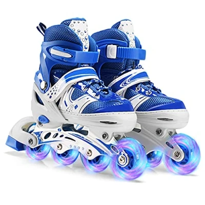 Image of Adjustable Inline Skates Boys Girls Kids Women Men Illuminating Roller with Full Light Up Wheels, Outdoor &amp; Indoor Blades Ideal for Adult Beginners (UK1 4,Blue)