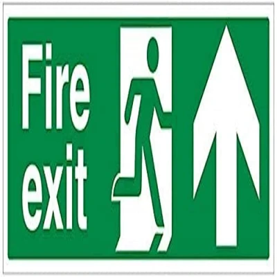 Image of V Safety 14001BJ S Fire Exit Arrow Up Sign Landscape 450mm x 150mm Self Adhesive Vinyl, Green