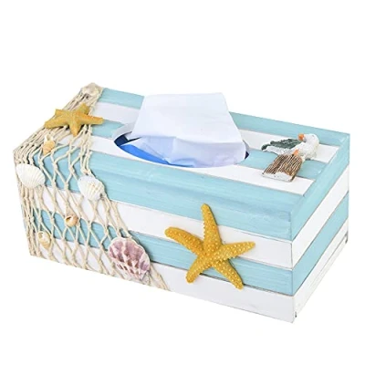 Image of Modern Style Tissue Holder Wooden Cube Box Decorative Napkin Cover Refill Holder(Starfish)