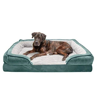 Image of Furhaven XXL Memory Foam Dog Bed Perfect Comfort Plush &amp; Velvet Waves Sofa Style w/Removable Washable Cover Celadon Green, Jumbo Plus (XX Large)