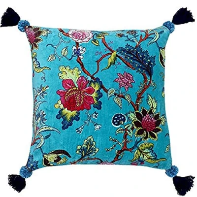 Image of Riva Paoletti Tree of Life Feather Filled Cushion Blue Floral Chinoiserie Print Pompom Tassel Corners Machine Washable 100 Case (20&quot; x 20&quot; inches), Cotton, Kingfisher, 50 50cm